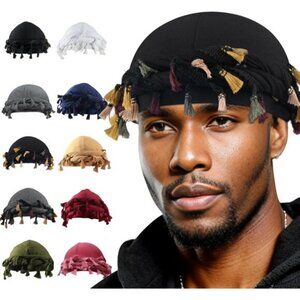⚡Men Women Colorful Tassel Black Satin Head Wraps Skull Cap Braid Beanie Turban